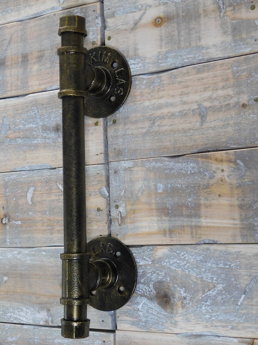 Prachtige forse industriële deurgreep, ijzer brons antiek, zeer fraai.