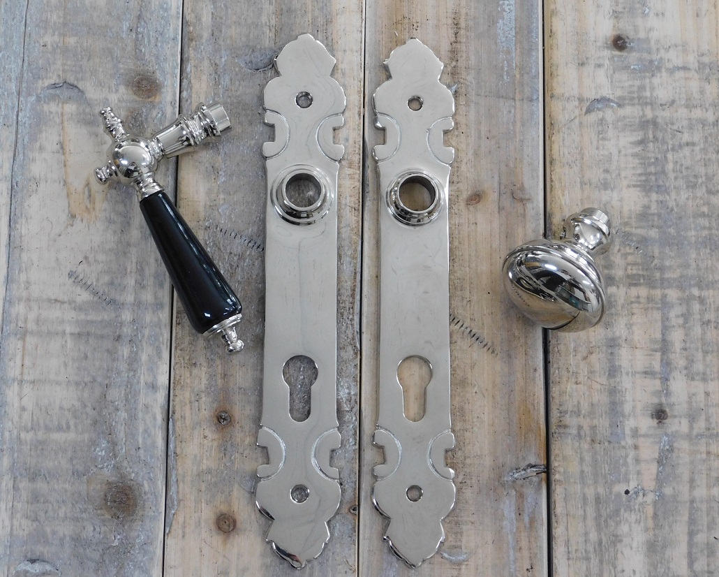 Set of door hardware - PZ92 - nickel - with black porcelain handle