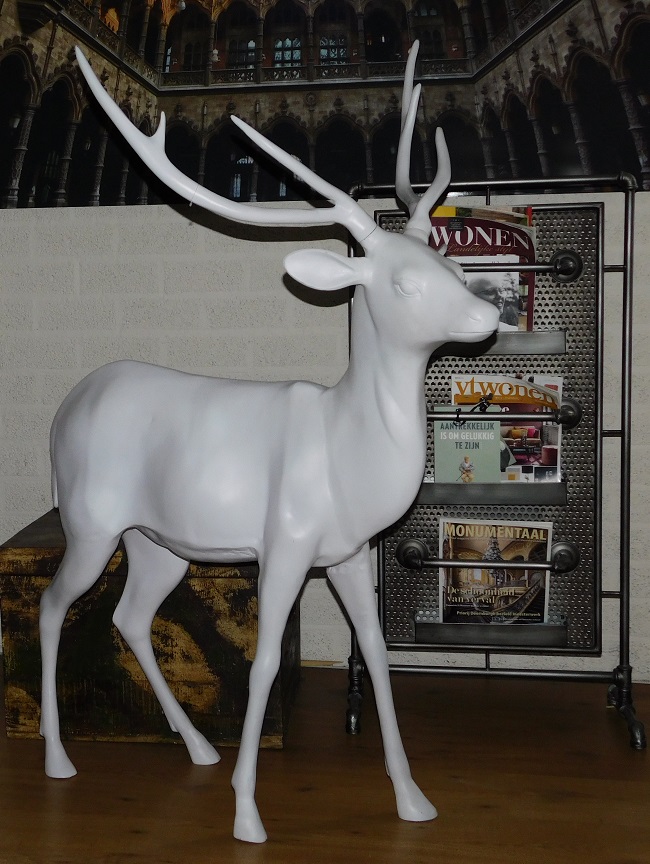 Beautiful life-size deer with antlers, aluminum and white, very 