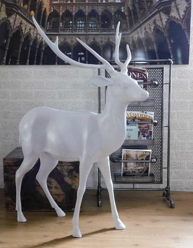 Beautiful life-size deer with antlers, aluminum and white, very 