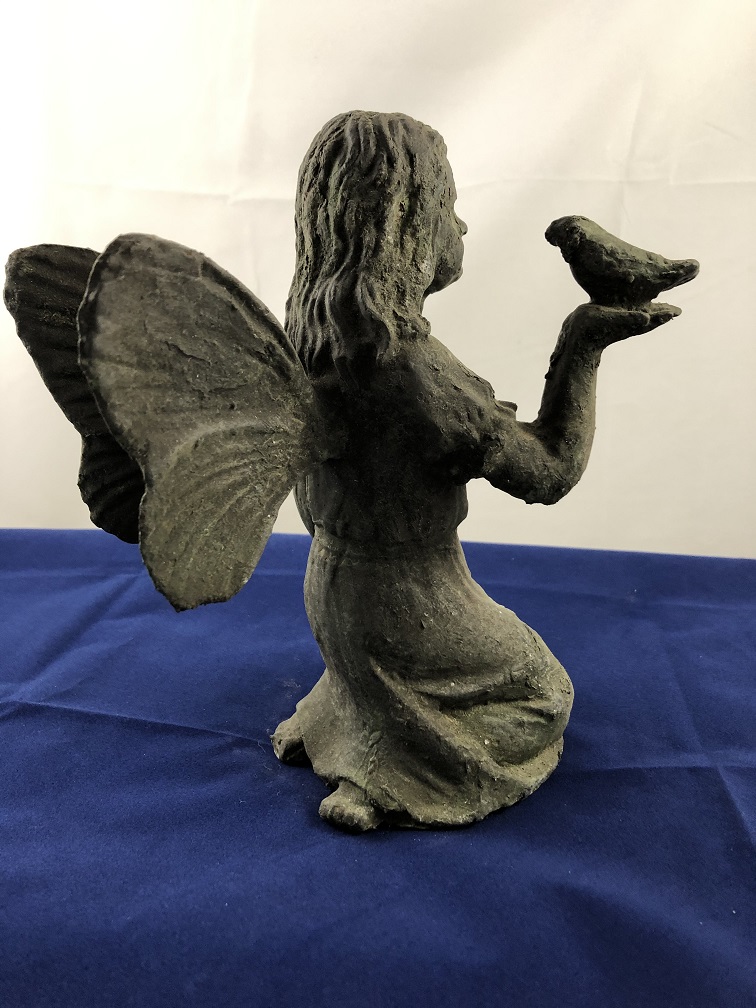 Cast iron kneeling angel with bird, heavy version, green finish