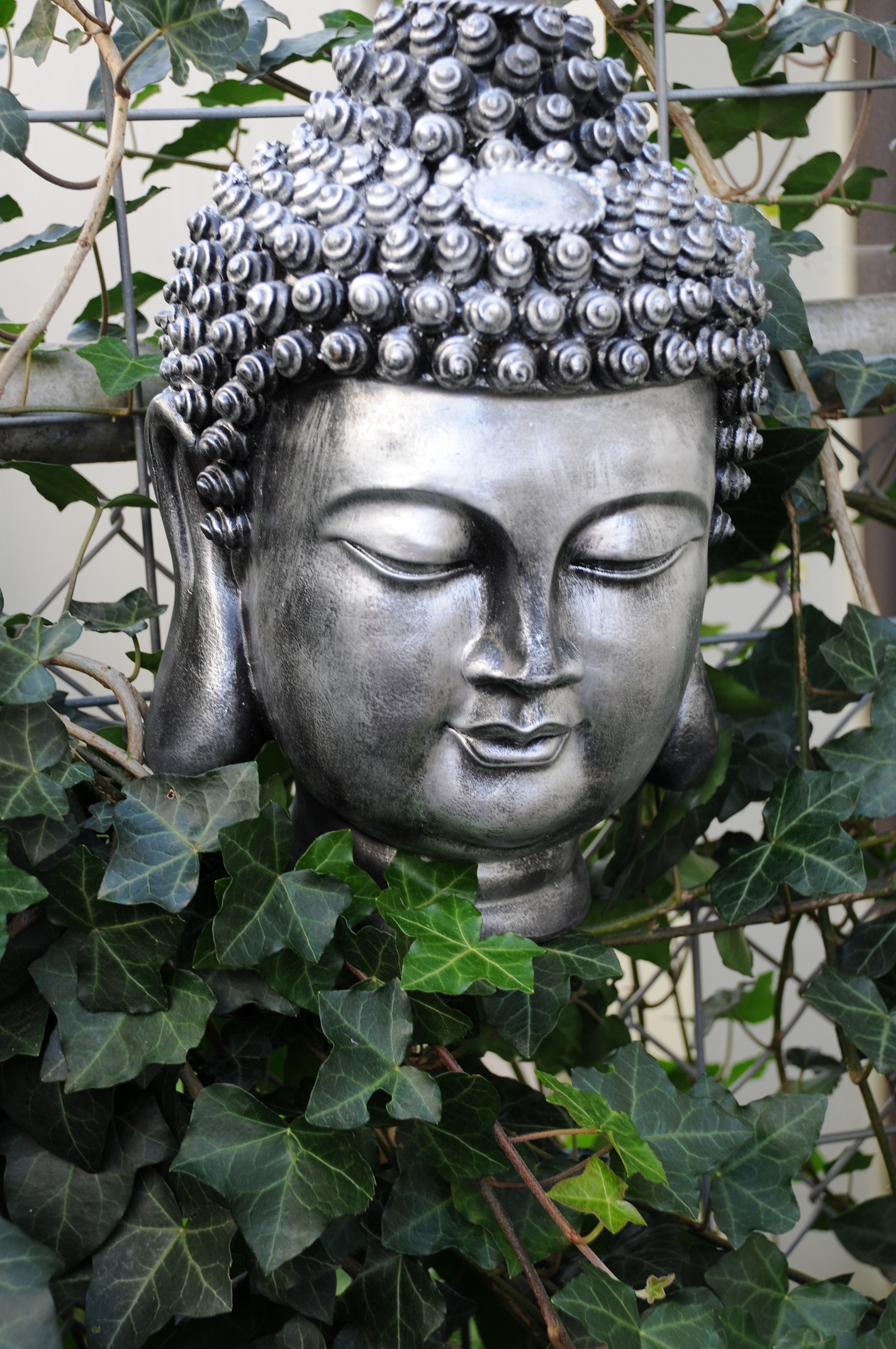 Indonesische Boeddha-hoofd, polystein-grijs-zilver-small!!