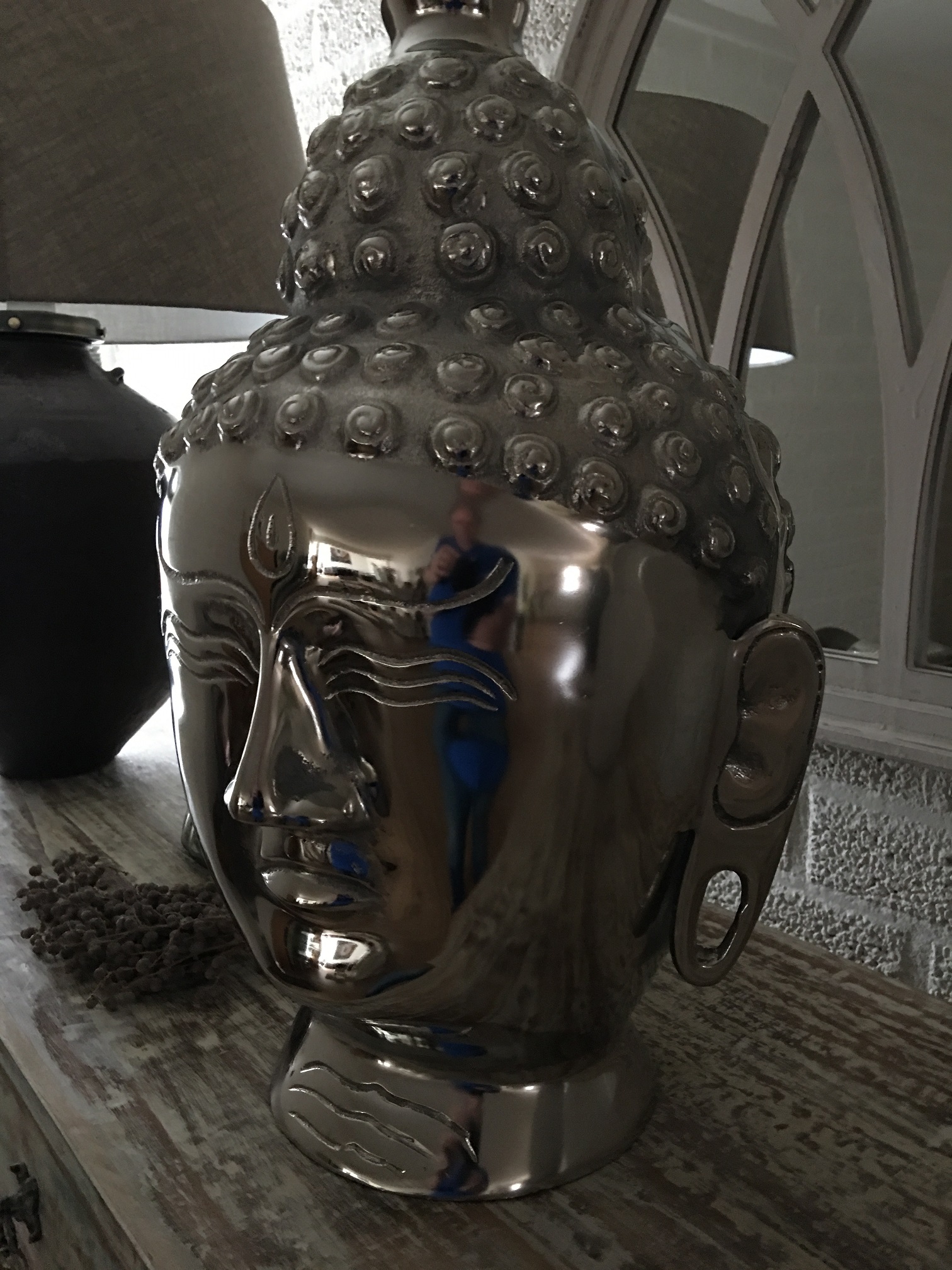 Indonesische Boeddha-hoofd, aluminium-chrome!!