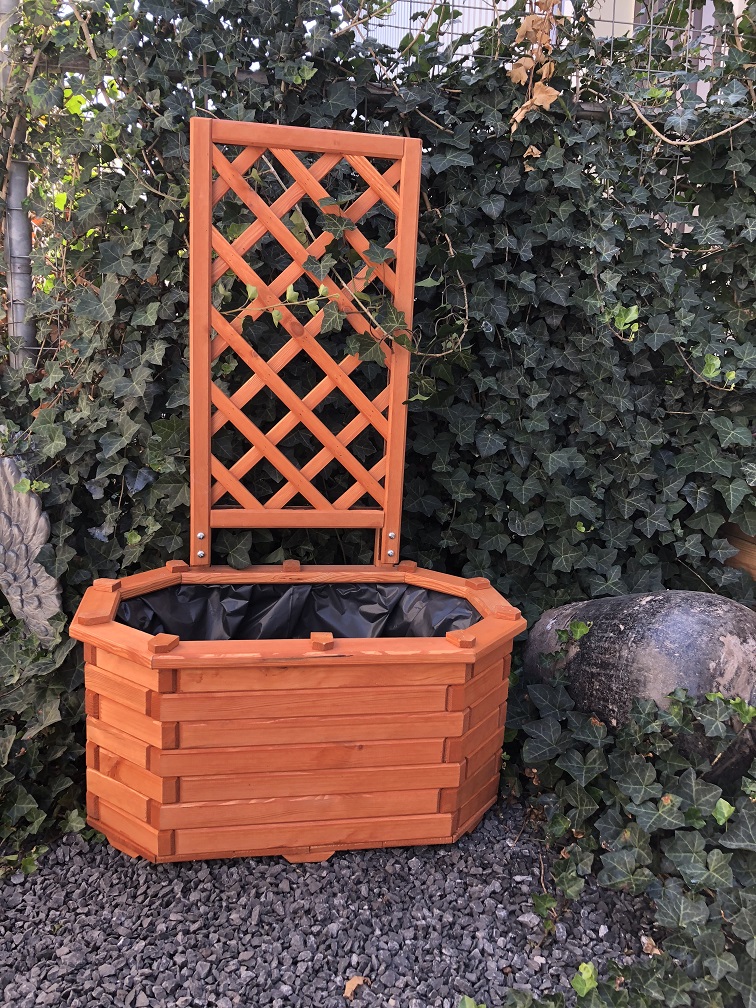 plantenbak, van massief hout met prachtig bewerkte pergola - HANDGEMAAKT.EU