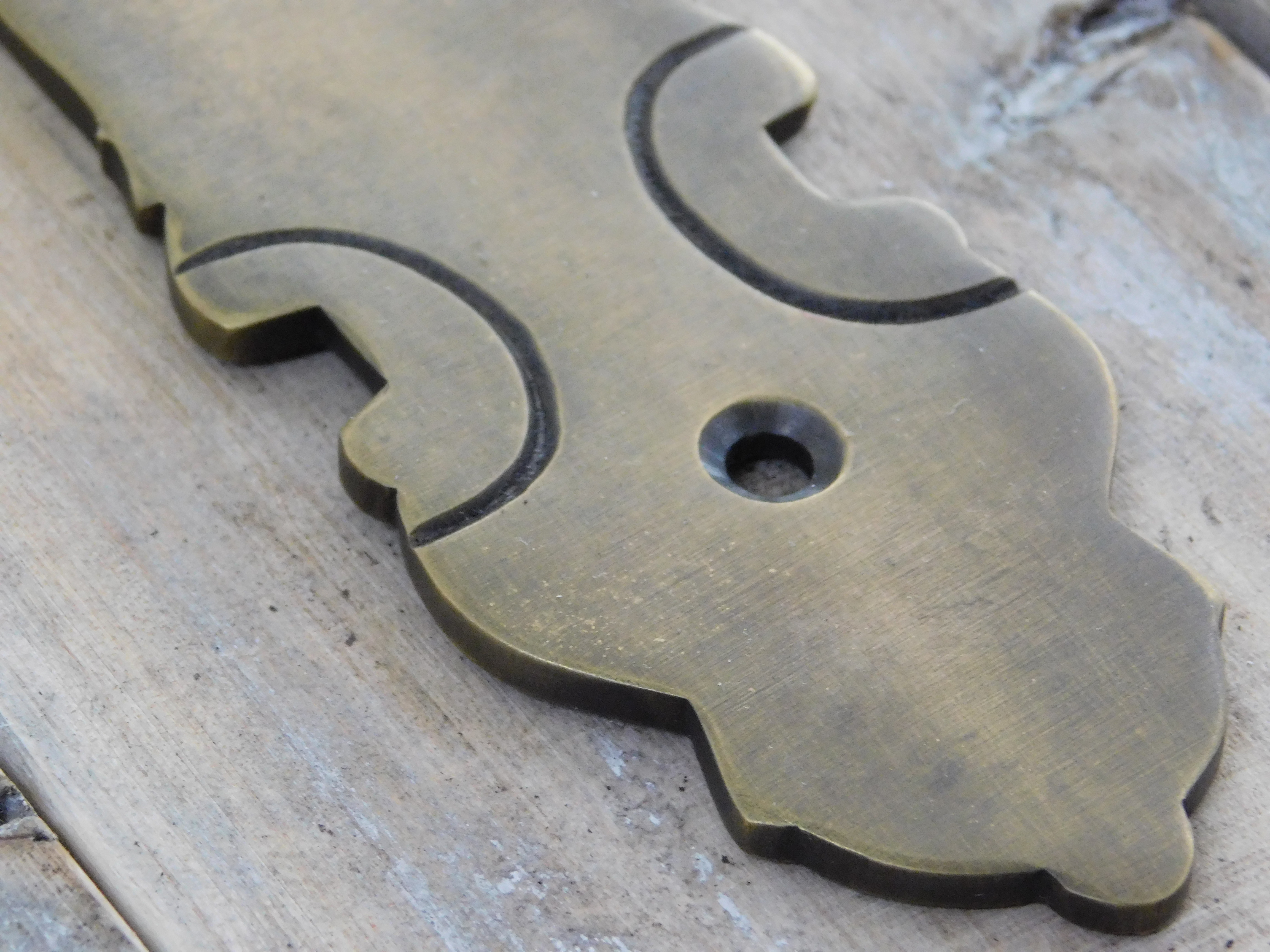 1 Long door plate-both-plate in brass patina, Biedermeier door fittings, beautiful!