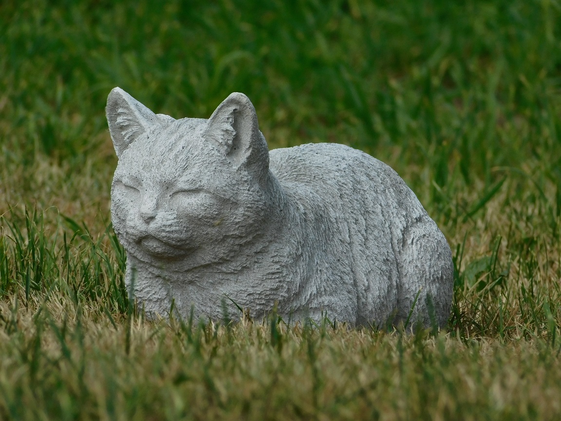 Beeld liggende kat - volledig van steen - tuinbeeld
