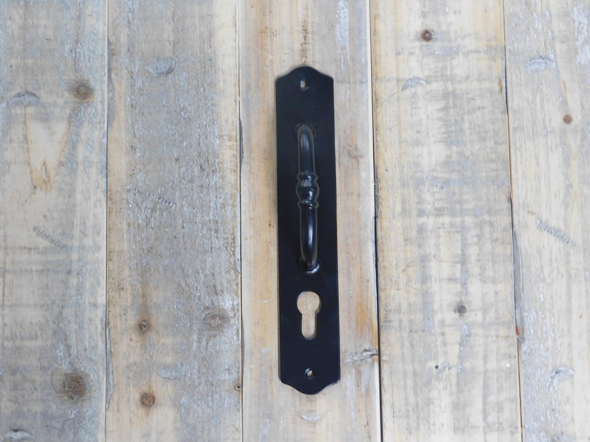 Door handle with keyhole, stylish, black powder-coated, handle/lever.