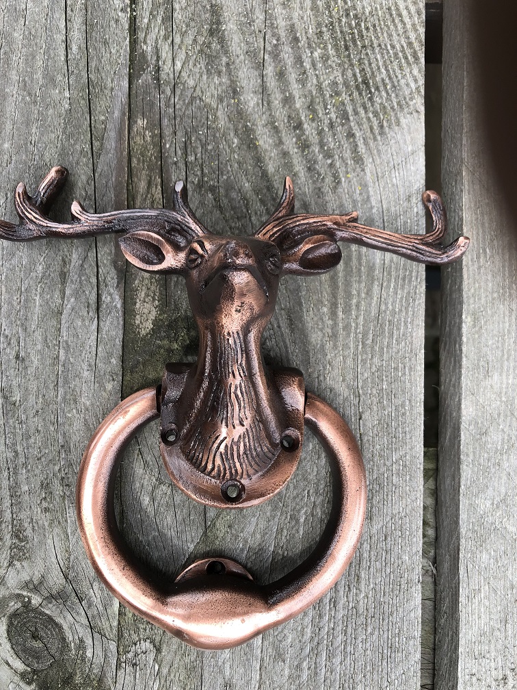 Beautiful antique copper deer head with antlers as a door knocker, very nice!