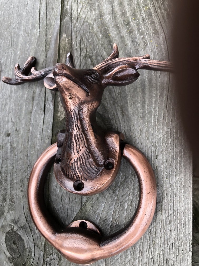 Beautiful antique copper deer head with antlers as a door knocker, very nice!