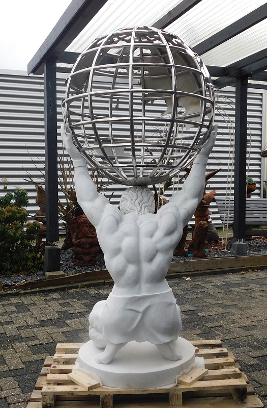 Einzigartige Atlas-Statue mit Weltkugel - Vollmarmor mit Nickel - XXL