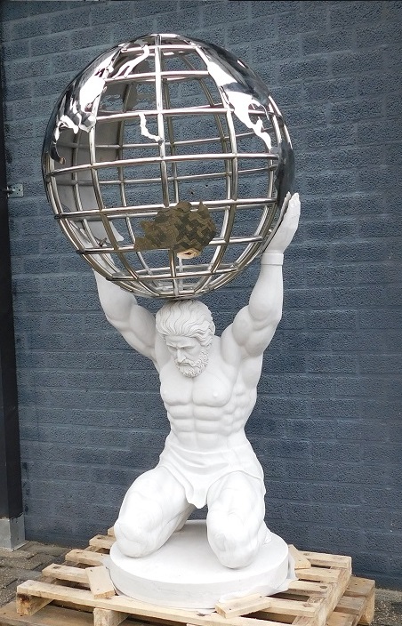 Einzigartige Atlas-Statue mit Weltkugel - Vollmarmor mit Nickel - XXL