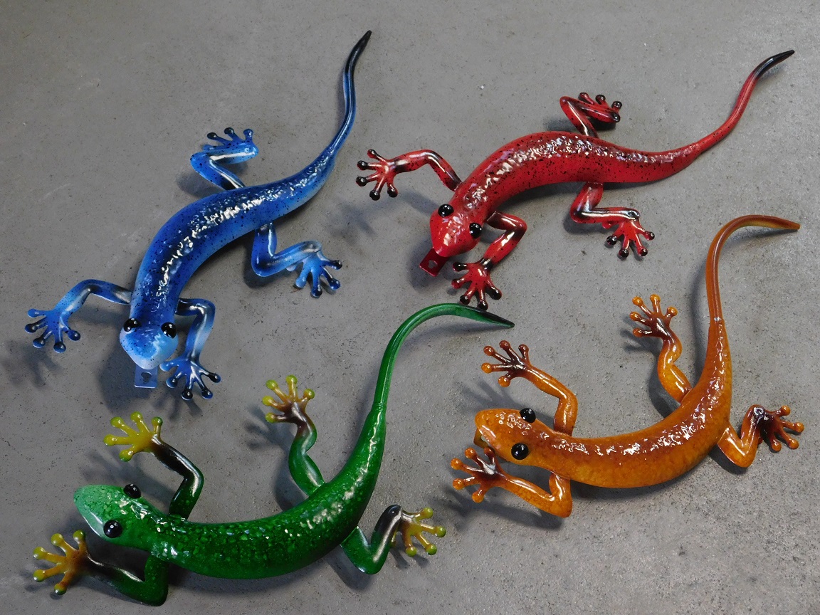 Set of 4 colour geckos - hand-painted - metal