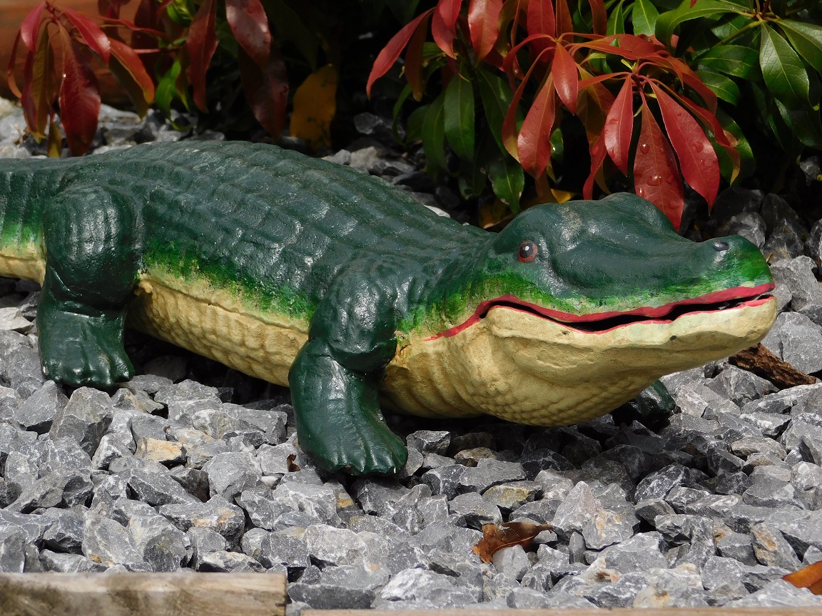 Gietijzeren beeld van een krokodil, in kleur, mooi beeld