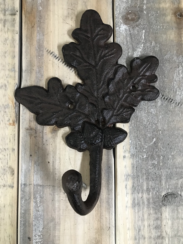 Coat hook with oak leaf, coat rack in cast iron, antique, brown 