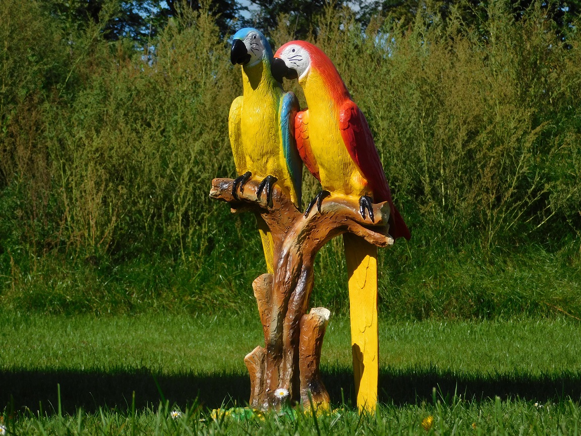 Statue Parrots on Stump - Polystone - Full in Colour