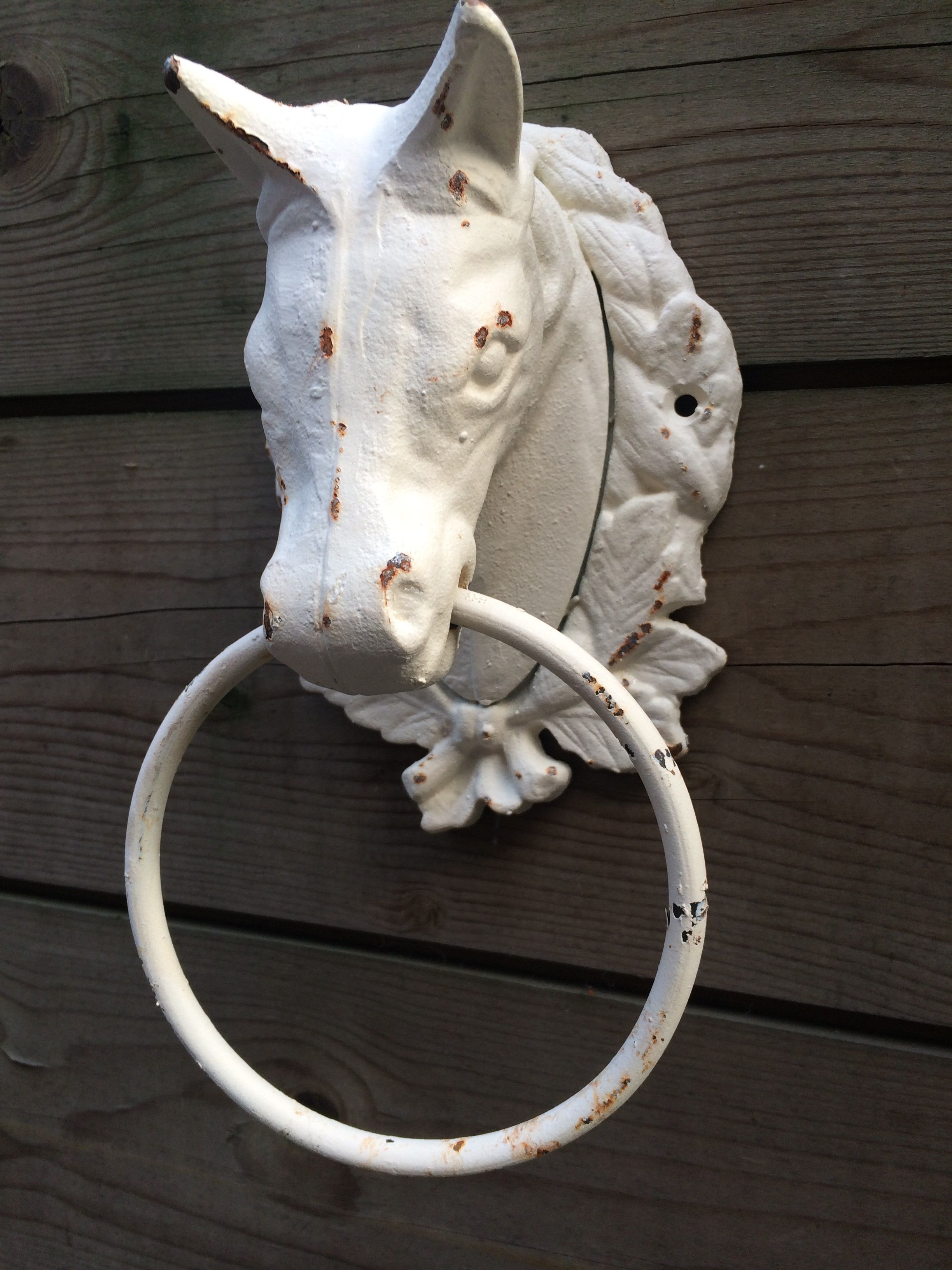 Paardenhoofd met ring gietijzer wit/rust.