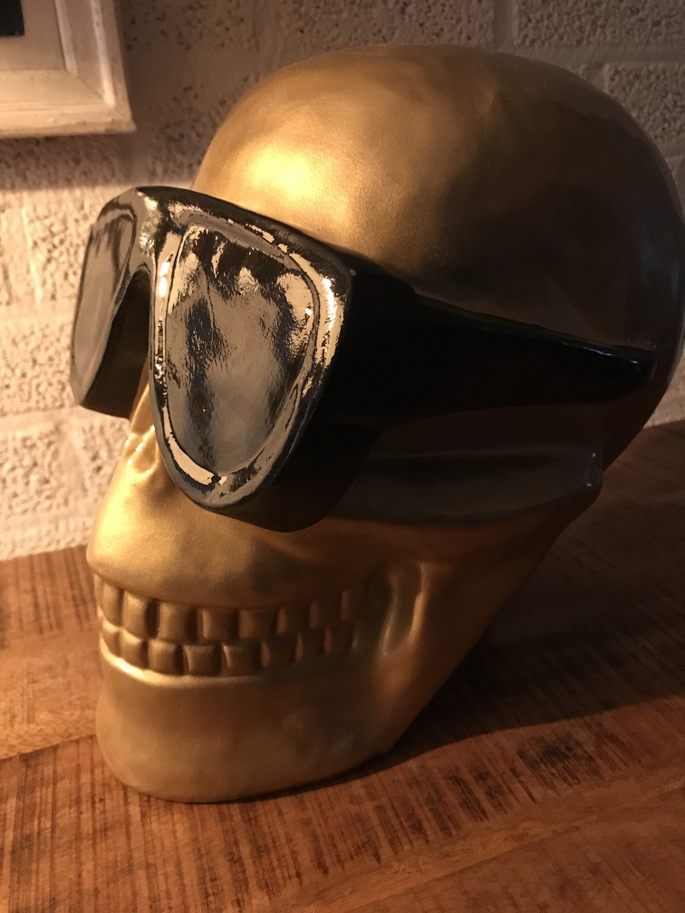 Leuk en bijzonder beeld van een schedel met bril, polystone