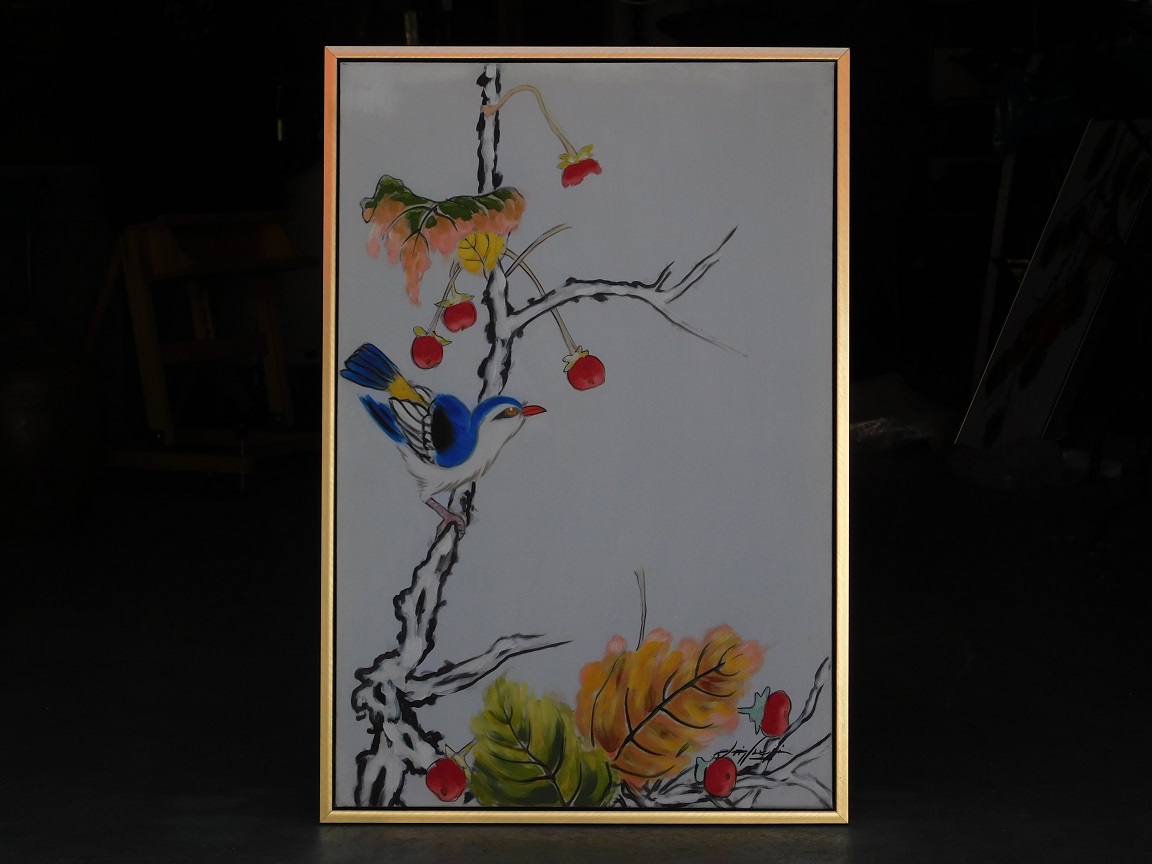 Painting - bird on branch - in frame