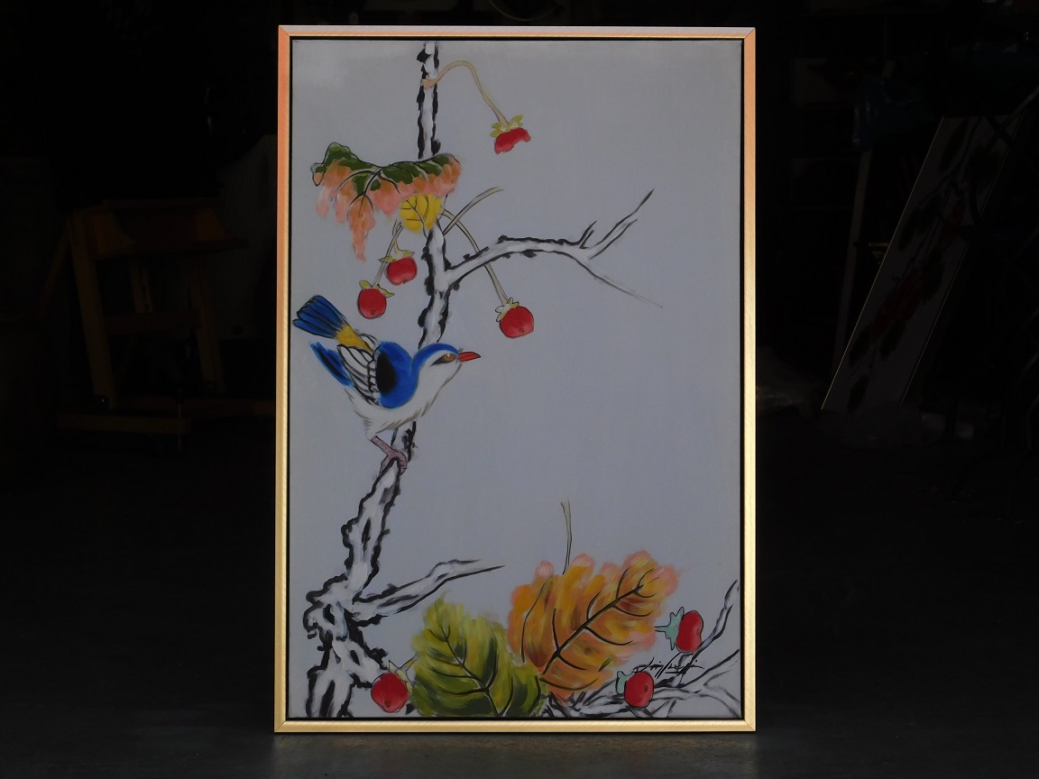 Painting - bird on branch - in frame