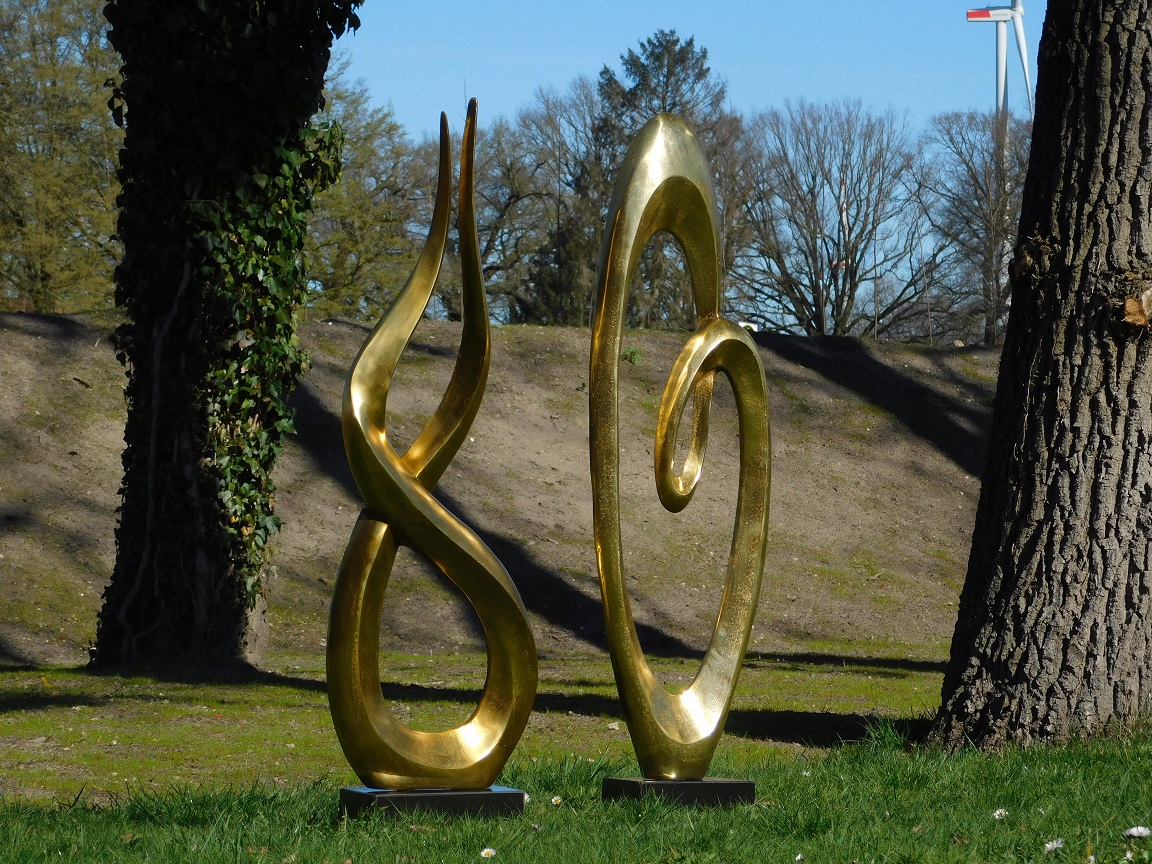 Set of two large abstract sculptures - alu brass on granite base