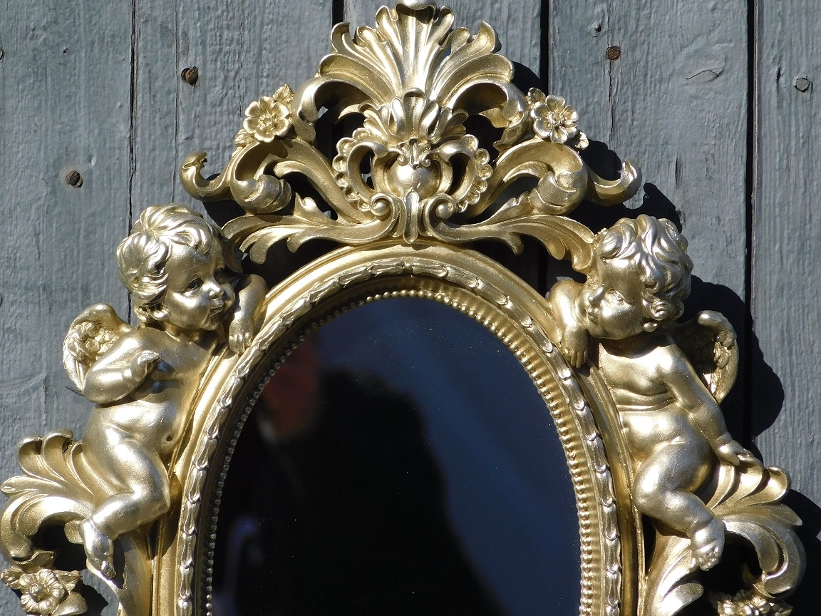 Ornate mirror with angels - silver frame - wall decoration