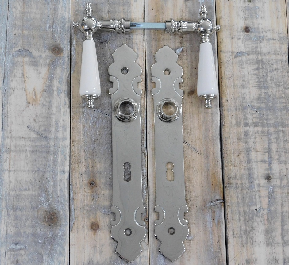 Set deurbeslag voor binnendeuren - nikkel gepolijst - antieke deurgrepen porselein  wit