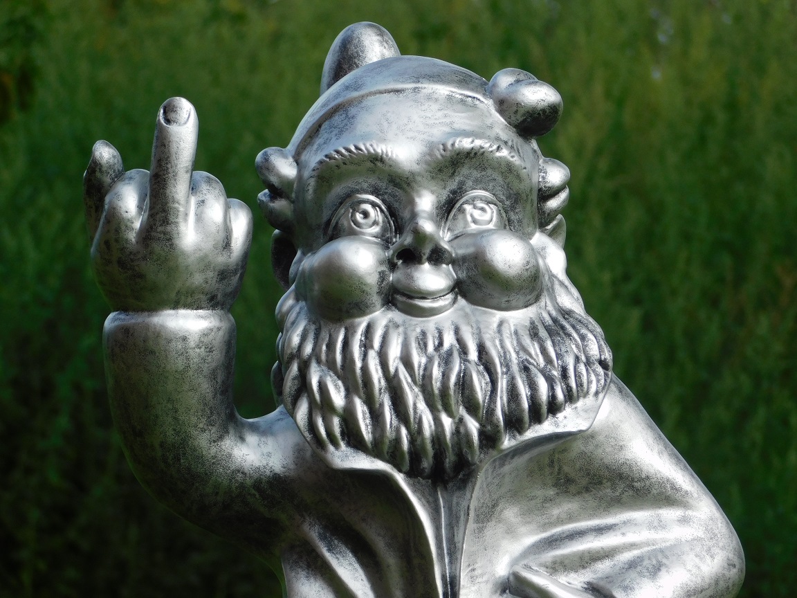 Garden Gnome Middle Finger XL - 80 cm - Silver Grey with Black - Polystone