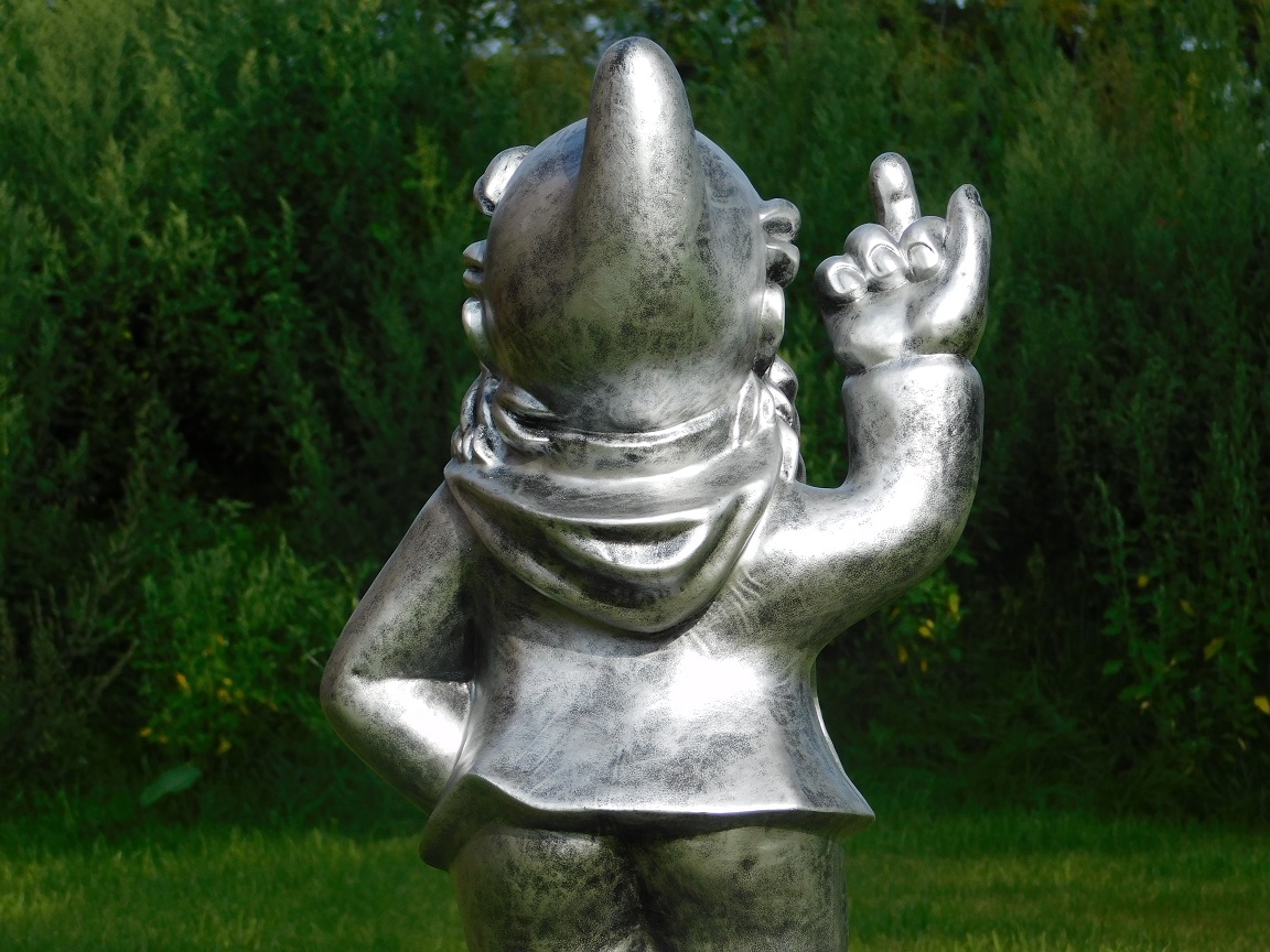 Garden Gnome Middle Finger XL - 80 cm - Silver Grey with Black - Polystone