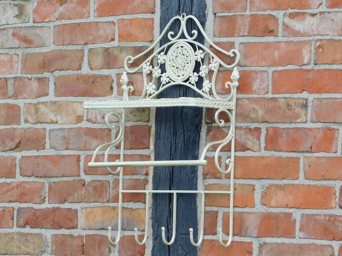 Vintage Wall Rack with Hooks - Old White - Wrought Iron
