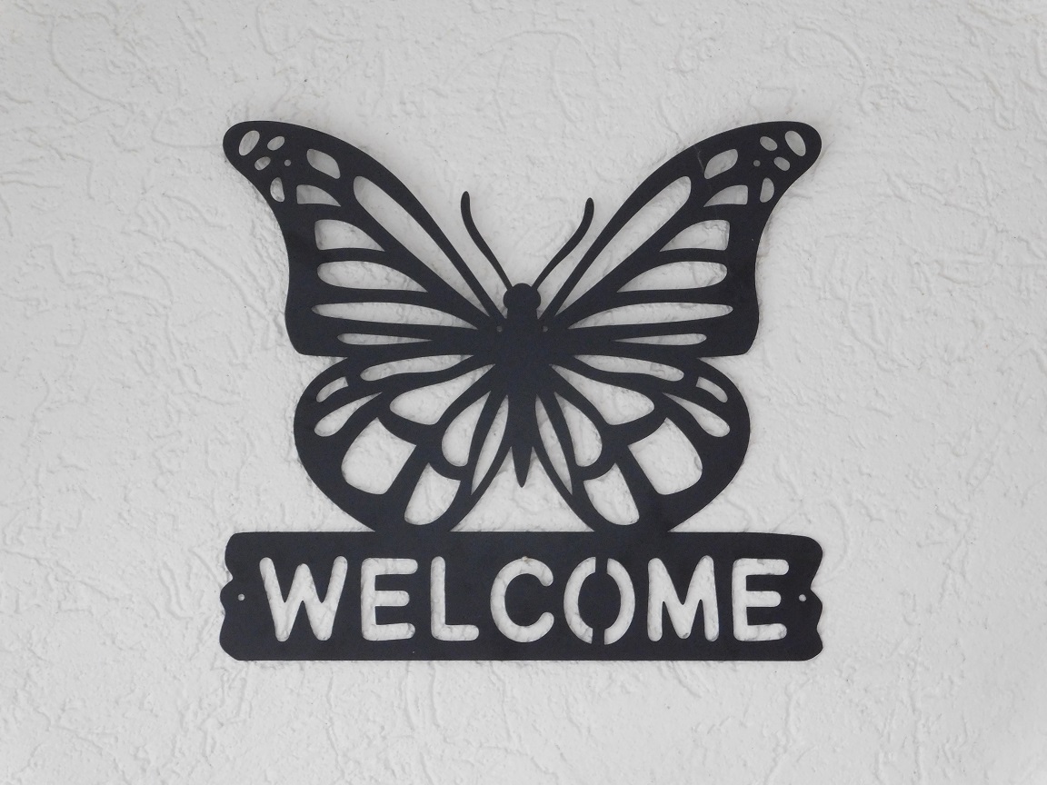 Wall ornament ''Welcome'' with butterfly - metal