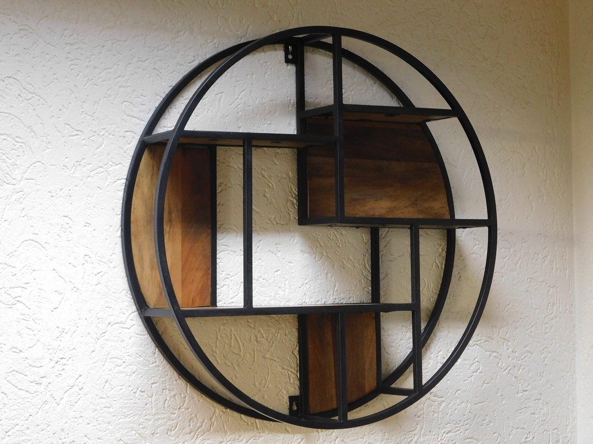 Industrial wall rack - round - mango wood and metal