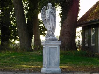 Angel with Flowers on a Pedestal – 105 cm – Made Entirely of Stone