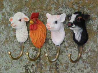 Set van 4 Wandhaken met Boerderijdierkoppen – Polyresin & Messing