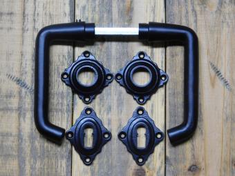 Set of Door Handles with Square Backplates and BB Lock Cylinder Backplates - Black