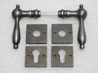 Cambridge Handle Set + Square Handle and Lock Rosettes - Galvanised Cast Iron