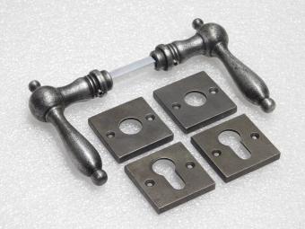 Cambridge Handle Set + Square Handle and Lock Rosettes - Galvanised Cast Iron