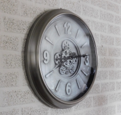Large wall clock with rotating gears - silver gray