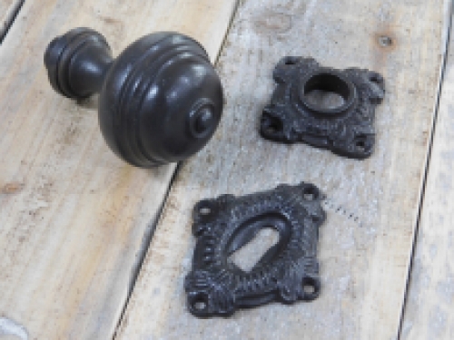 Door knob with two rosettes - door knob, knob rosette and lock rosette - antique iron, dark brown