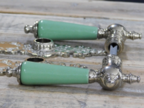 Set of door hardware - polished nickel - with pastel green porcelain handles