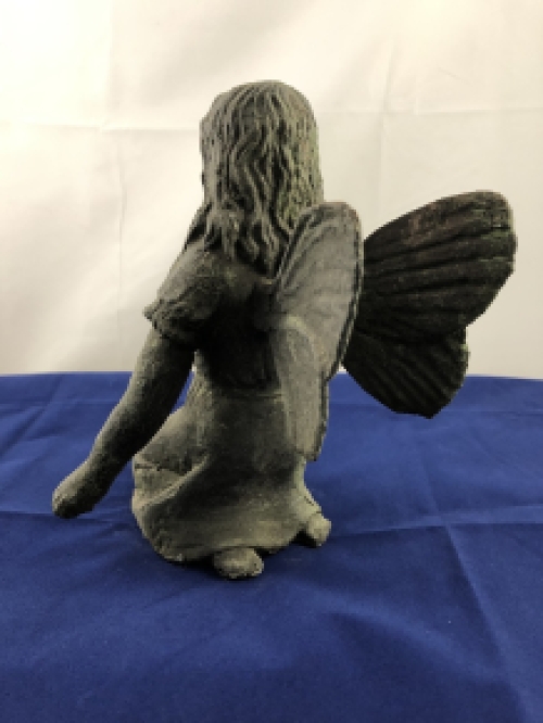 Cast iron kneeling angel with bird, heavy version, green finish