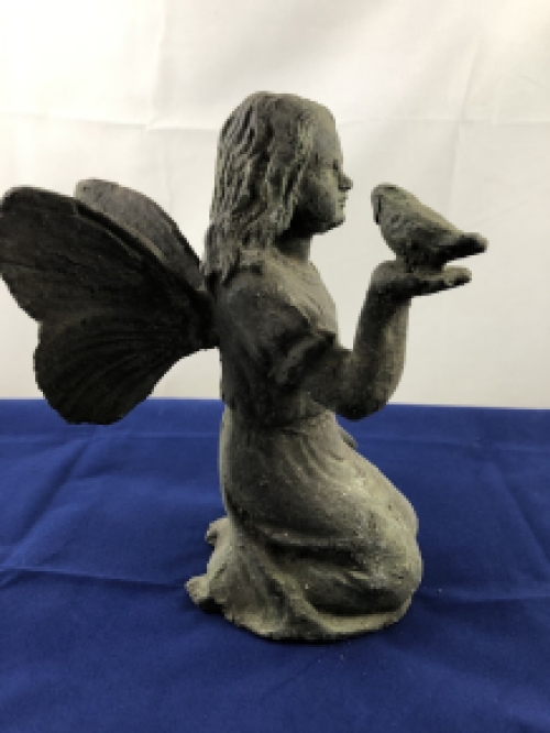 Cast iron kneeling angel with bird, heavy version, green finish