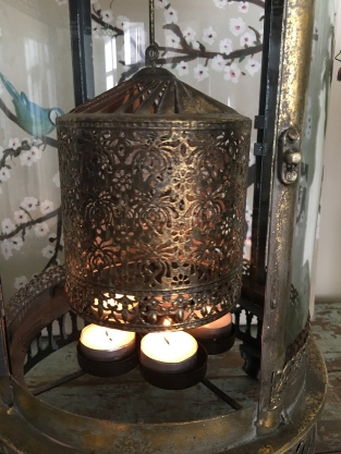 Beautiful metal lantern with separate fire hood and cut glass.