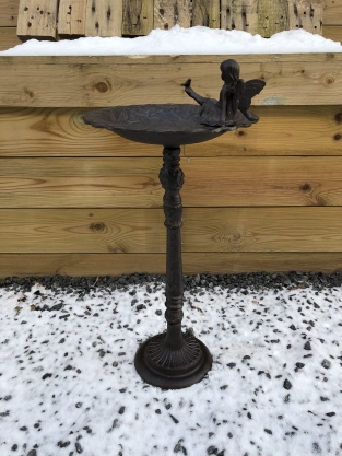 1 bird bath with sitting angel + dove, cast iron, antique brown rest