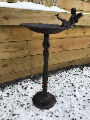 1 bird bath with sitting angel + dove, cast iron, antique brown rest