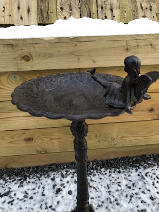 1 bird bath with sitting angel + dove, cast iron, antique brown rest