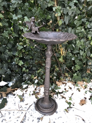 1 bird bath with sitting angel + dove, cast iron, antique brown rest