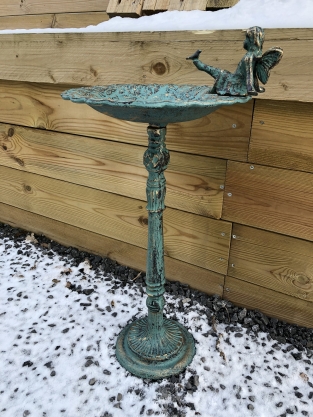 1 birdbath with sitting angel + dove, cast iron, antique green-rust-gold