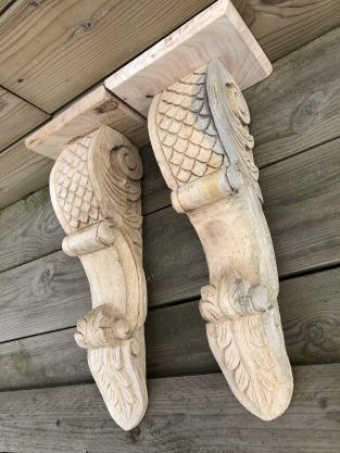 Beautiful set of snaks, mantel console, large wall console set hand carved from colonial wood, very fine!