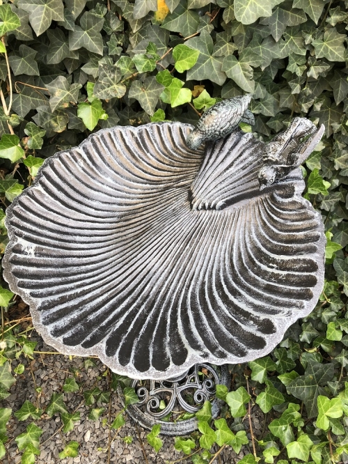 Large bird food-drinking bath full of cast iron black-gray rest