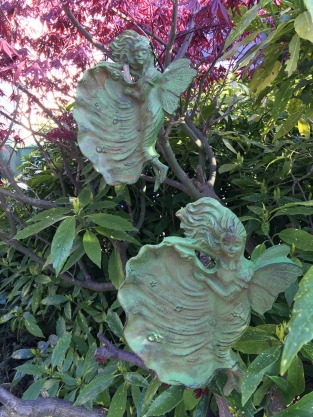 Wall ornament / birdbath angel, cast iron green